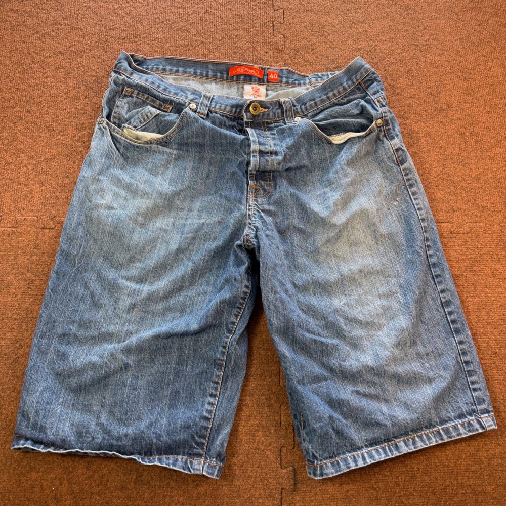 Ed Hardy Denim Shorts Mens 40 Love Kills Slowly Embroidered Y2K Baggy Blue Jean